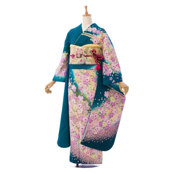 正絹振袖|辻が花|150〜163cm|振袖フルセット(グリーン系)|普通サイズ