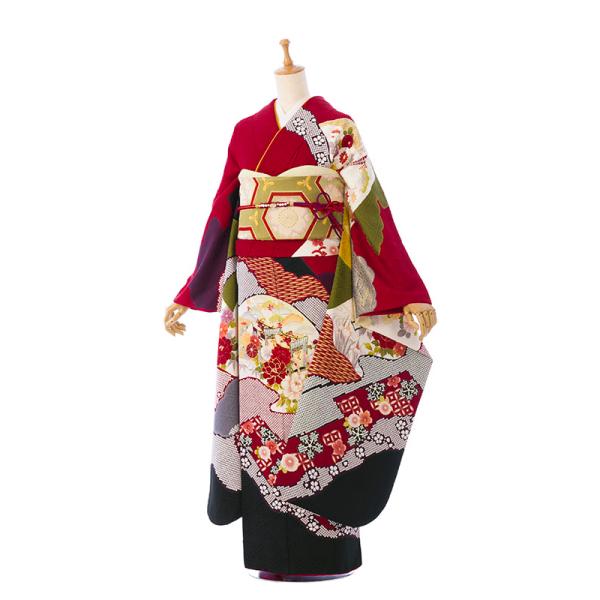 2〜12月】正絹振袖|着物レンタル|裄長|158〜165cm|振袖フルセット(赤系
