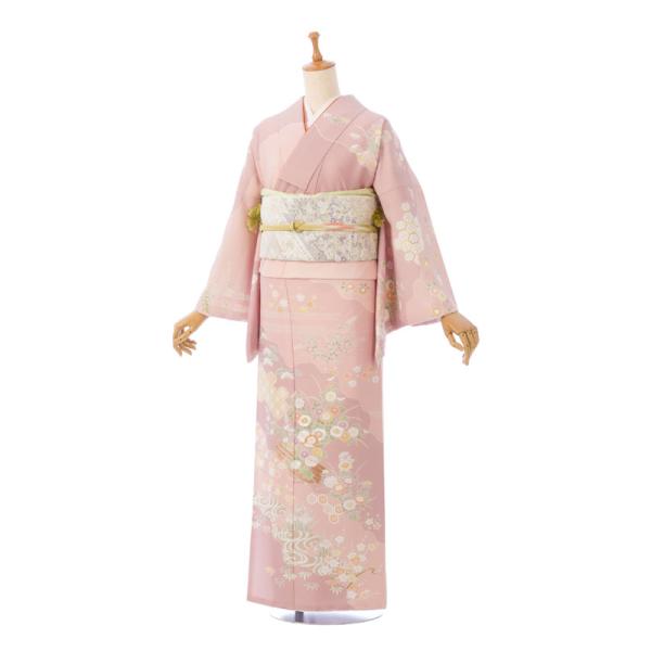 訪問着　フルセット　着物　正絹　トールサイズ　御所車　花　金駒　ピンク　D2 e-kimono-rental_had8637