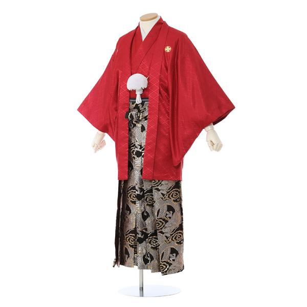 成人式・卒業式　男性袴フルセットレンタル■対応身長　165〜170cm前後■標準ウエスト　60〜100cmまで■サイズ　（約）羽織・着丈:約91 裄丈:約73.5 袖丈:約53.5 袴丈:約91（cm）■色柄　羽織/着物:赤紋付|袴:竜袴■...