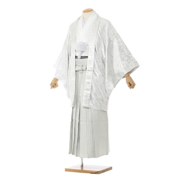 成人式・卒業式　男性袴フルセットレンタル■対応身長　165〜170cm前後■標準ウエスト　60〜100cmまで■サイズ　（約）羽織・着丈:90 裄丈:73.5 袖丈:52 袴丈:91（cm）　　　　　紋なし男性袴■色柄　羽織/着物:白銀 白...