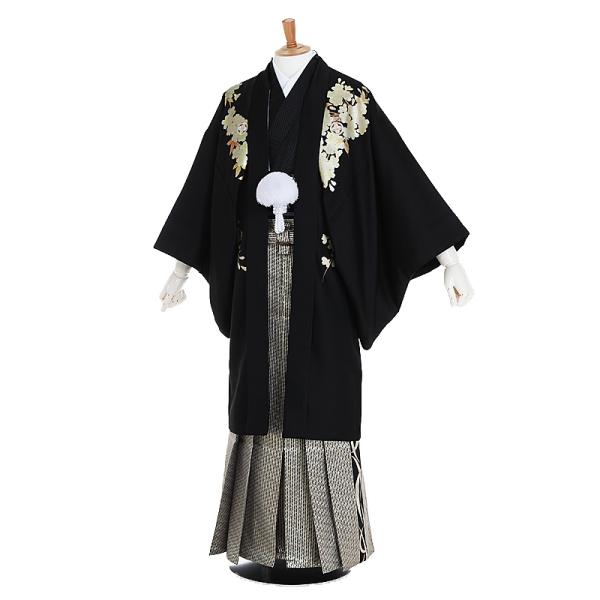 成人式・卒業式　男性袴フルセットレンタル■対応身長　170〜175cm前後■標準ウエスト　60〜100cmまで■サイズ　（約）羽織・着丈:約108 裄丈:約74.5 袖丈:約53.5 袴丈:約93（cm）■色柄　羽織/着物:黒金彩桜|袴:黒...