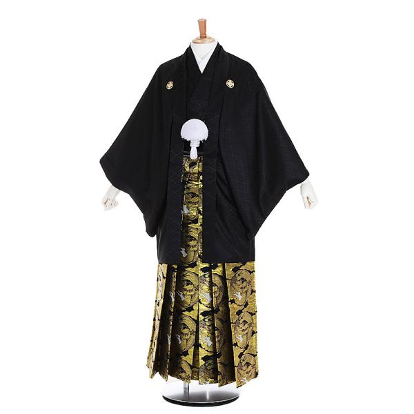 成人式・卒業式　男性袴フルセットレンタル■対応身長　165〜170cm前後■標準ウエスト　60〜100cmまで■サイズ　（約）羽織・着丈:95 裄丈:75.5 袖丈:54 袴丈:91（cm）■色柄　羽織/着物:黒地大菱形 黒金龍 金雲袴■生...