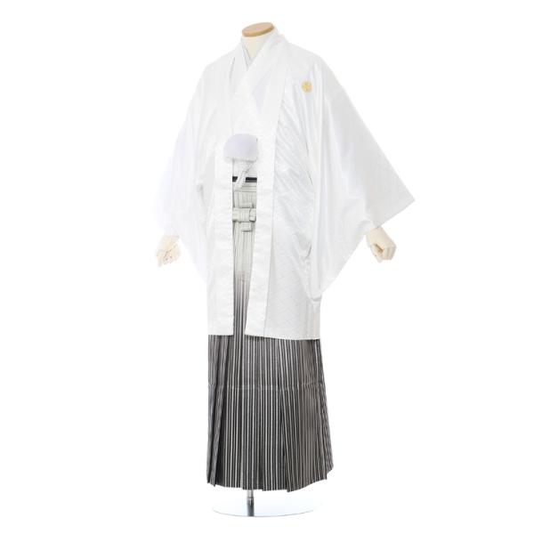 成人式・卒業式　男性袴フルセットレンタル■対応身長　175〜180cm前後■標準ウエスト　60〜100cmまで■サイズ　（約）羽織・着丈:98 裄丈:77.5 袖丈:53 袴丈:95（cm）■色柄　羽織/着物:白 菱形柄 袴:銀縞袴■生地　...