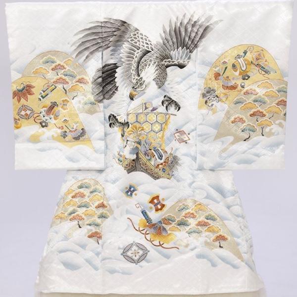 〔産着レンタル〕フルセット白地に豪快な鷹  宝船■色/柄　　白地　鷹　宝船■生地　　表地/裏地：ポリエステル■付属品　　着物＋長襦袢、帽子、よだれかけ、お守り簡単な着せ方のマニュアル※小物類の色柄形は、e-きものレンタルスタッフがコーディネ...