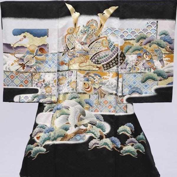 〔産着レンタル〕フルセット！親子割対応！縁起物大集合！！■色/柄　　黒地　兜　鷹■生地　　表地：ポリエステル　裏地：ポリエステル■付属品　　着物＋長襦袢、帽子、よだれかけ、お守り簡単な着せ方のマニュアル※小物類の色柄形は、e-きものレンタル...