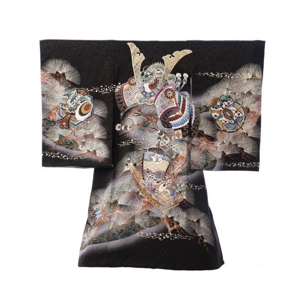 〔産着レンタル〕フルセット産着　男の子　■色/柄　 黒地 龍兜　宝船　針松■生地　　表地：正絹　裏地：ポリエステル■付属品　　着物＋長襦袢、帽子、よだれかけ、お守り簡単な着せ方のマニュアル※小物類の色柄形は、e-きものレンタルスタッフがコー...