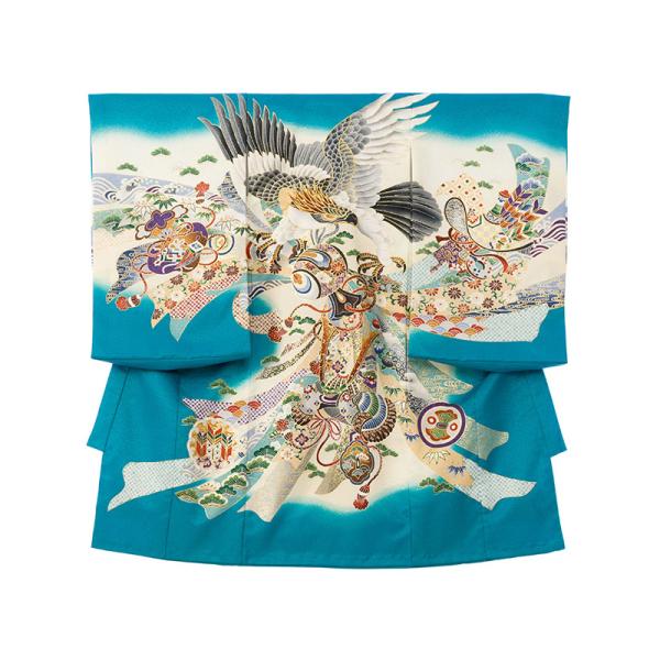 〔男児 産着レンタル〕フルセット■色/柄  青/クリーム　鷹に束ね熨斗■生地　化繊■付属品　　着物＋長襦袢、帽子、よだれかけ、お守り簡単な着せ方のマニュアル※小物類の色柄形は、e-きものレンタルスタッフがコーディネートさせていただきます。※...