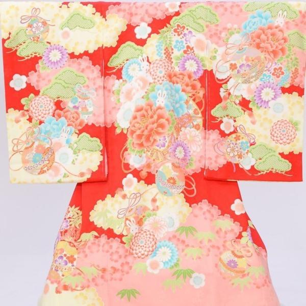 てるてる　お子様着物　毬ウサギ 黄緑色 化繊＋作り帯4点セット 11RG3 七五三 7歳 お子様着物 毬とウサギ模様 黄緑色 化繊 11RG3