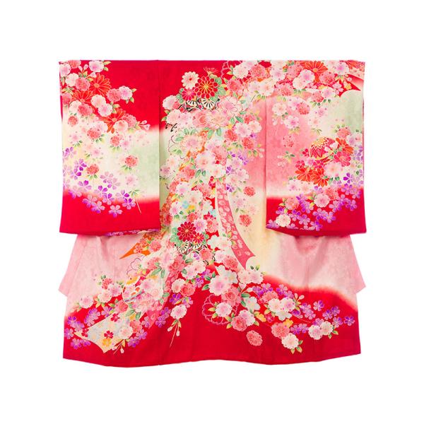 〔産着レンタル〕フルセット産着　女の子■色/柄　　赤/ピンク地　熨斗目に枝垂れ桜　金駒刺繍■生地　　表地：ポリエステル100％　裏地：ポリエステル■付属品　　着物＋長襦袢、帽子、よだれかけ、お守り簡単な着せ方のマニュアル※小物類の色柄形は、...