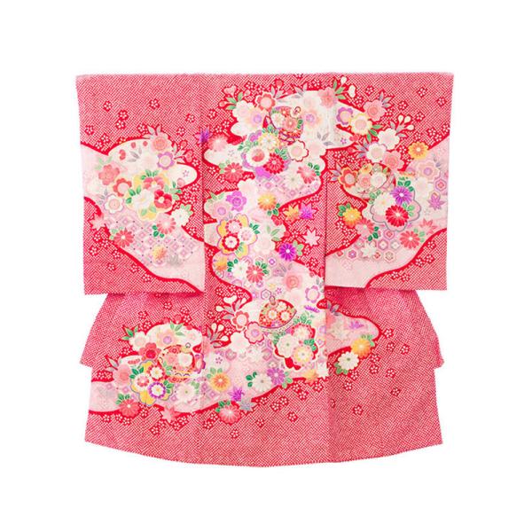 〔産着レンタル〕フルセット■色/柄　  赤疋田絞り調 花流水に吉祥文様 金彩■生地　　表地：化繊　裏地：化繊■付属品　　着物＋長襦袢、帽子、よだれかけ、お守り簡単な着せ方のマニュアル※小物類の色柄形は、e-きものレンタルスタッフがコーディネ...