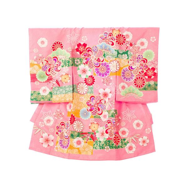 お宮参り 赤ちゃん着物|ピンク ねじり梅に松竹|宮参り着物フルセット