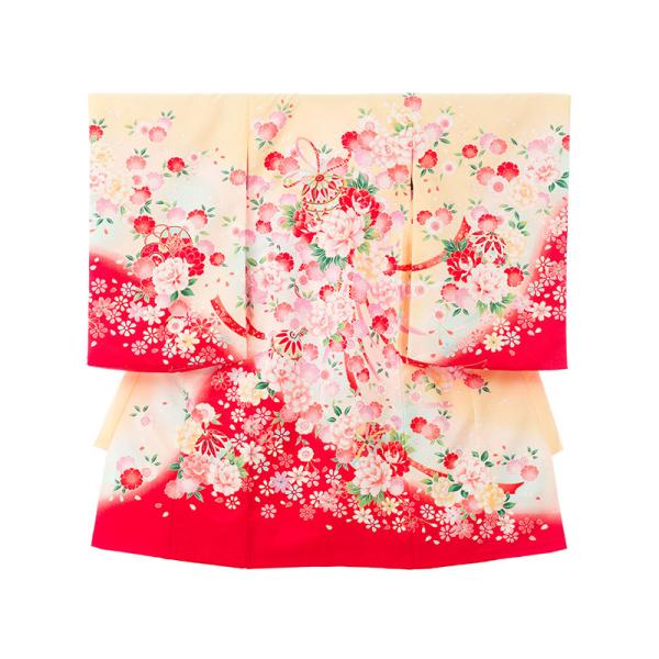 〔産着レンタル〕フルセット■色/柄　  黄色/赤ぼかし　熨斗に鞠　鼓　桜■生地　　表地：化繊　裏地：化繊■付属品　　着物＋長襦袢、帽子、よだれかけ、お守り簡単な着せ方のマニュアル※小物類の色柄形は、e-きものレンタルスタッフがコーディネート...