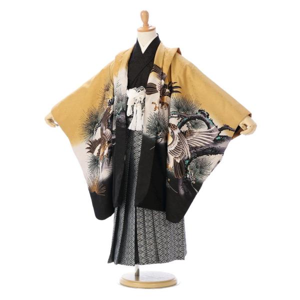 着物 5歳男の子 鷹柄の七五三着物レンタルフルセット（イエロー系