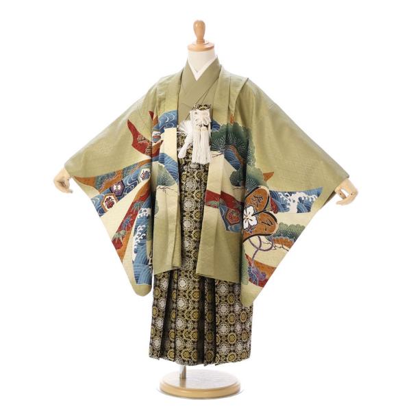 七五三レンタル　男児5歳　羽織:うぐいす色　兜着物:うぐいす色袴:黒/シルバー/グリーン　金襴　丸紋■表地/裏地：ポリエステル100％　■羽織丈:58cm　肩裄:50cm　袖丈:48cm　袴丈:59cm■対応身長　110ｃｍ〜120ｃｍ&l...