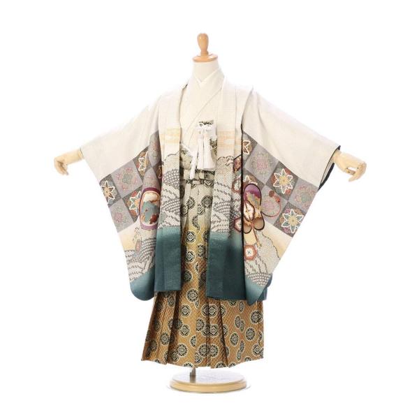 七五三レンタル　男児5歳羽織：白金通し地　グリーンぼかし市松に鷹　兜着物：白袴：金地ぼかし　丸紋　金襴■表地：ポリエステル100％　■裏地：ポリエステル100％　■羽織丈：約64ｃｍ　肩裄：約50ｃｍ■袖丈：約56.5ｃｍ　袴丈：約59ｃｍ...