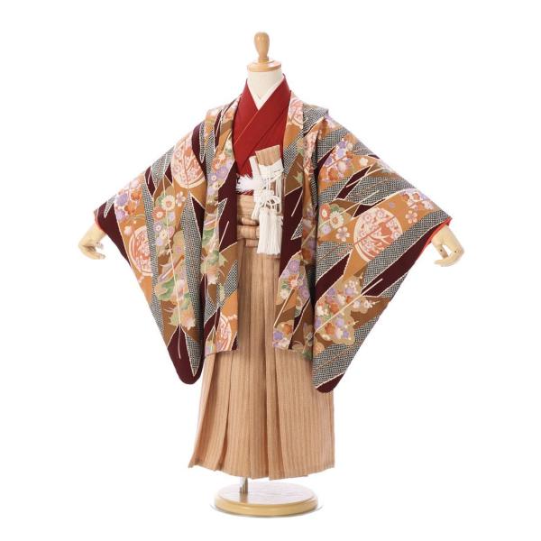 七五三レンタル　男児5歳　羽織：えび茶×黒　鹿の子矢羽根に四季草花着物：赤茶袴：ベージュ縞■表地：ポリエステル100％　■裏地：ポリエステル100％　■羽織丈：58ｃｍ　肩裄：48ｃｍ 袖丈：48ｃｍ　袴丈：56ｃｍ■対応身長：105ｃｍ〜...