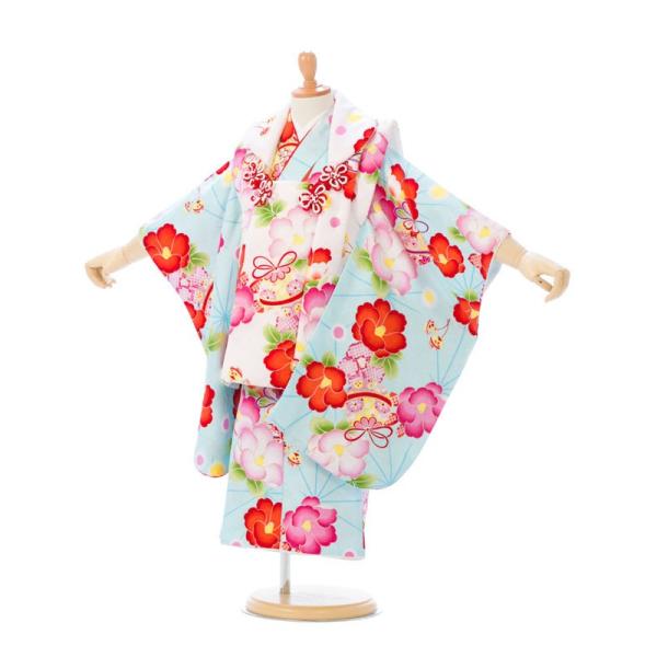 被布 椿柄の七五三着物3歳 女の子(被布)フルセット（ブルー系