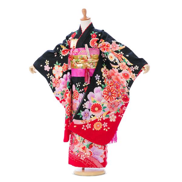 e-7-909 ブランド 花うさぎ 黒地-桜 七五三 7歳女の子 7歳 着物 女の子