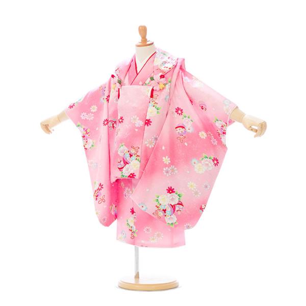 七五三レンタル　女児3歳被布/着物:ピンクぼかし地　桜と鈴■表地/裏地：ポリエステル100％■着丈:約78cm　裄:約42cm　袖丈:約57cm　被布丈:約48cm■対応身長　90cm〜100cm <付属品　七五三　女の子3歳　9点&...