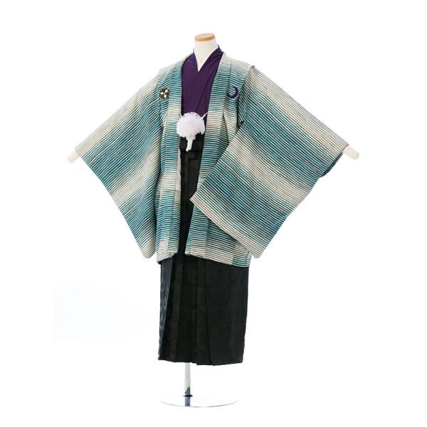 ☆ジュニア袴　レンタル☆卒業の晴れの日には紋付き袴姿で、思い出に残る1日に!!■対応身長:145〜150cm(約)羽織・着丈:77 裄:65 袴丈:83(cm)※肩上げ済■色・柄羽織:ターコイズ　横段織着物:紫袴:黒地　亀甲紋■生地　化繊 ...