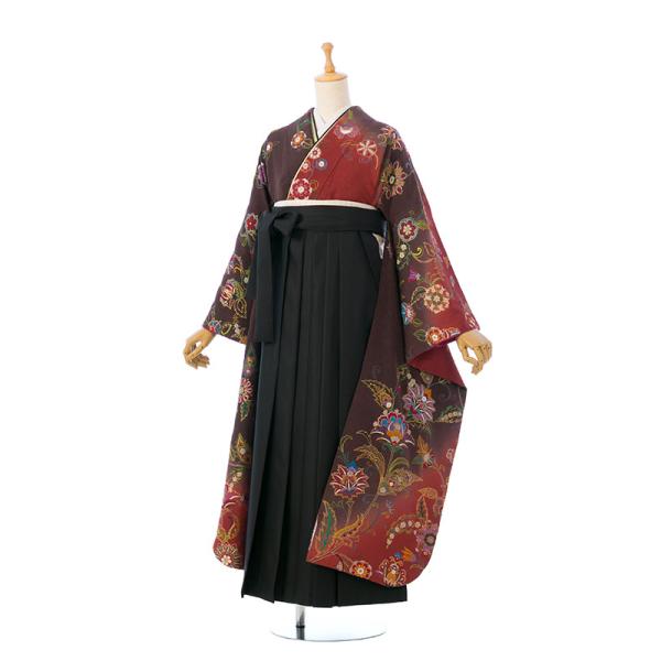 【対応身長・洋服サイズ】(振袖袴）■草履使用:153〜157cm前後　■洋服サイズ：7号〜13号くらいまで■身丈:約164cm 袖丈:約106cm 裄:約68cm　袴丈:約91cm■色・柄　着物:茶色/赤茶ぼかし/唐花　刺繍　　　　　袴:黒...