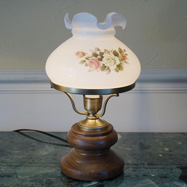 イタリア製 テーブルランプ ガラスシェード フラワー柄 木製本体