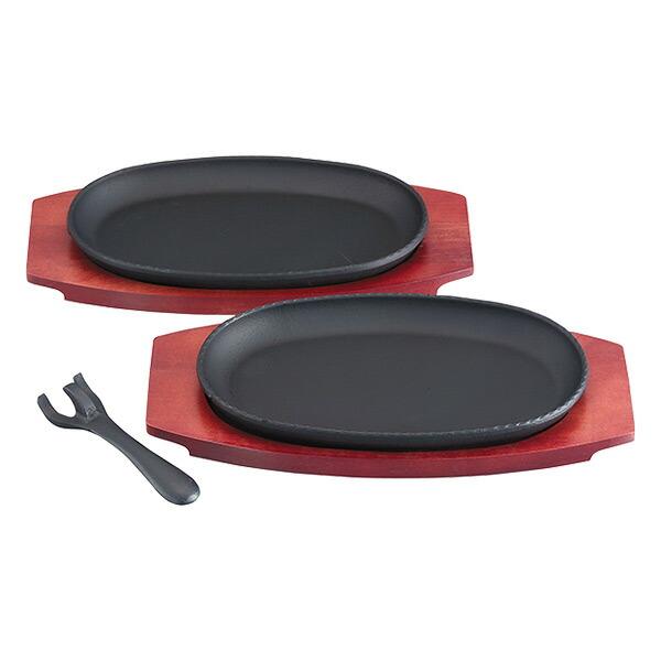 Sマルチステーキ皿 鉄板 2枚組 木台 ハンドル付き 鉄 ステーキ皿 鉄板 木製プレート 鋳鉄 鋳鉄物 業務用 家庭用 くらしのeショップ 通販 Paypayモール