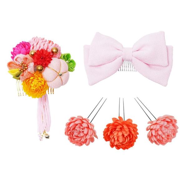ぽんぽん菊とリボンの和風髪飾りセット コーム2点 Uピン3本