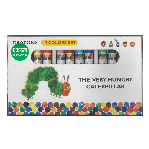 みんな大好き！はらぺこあおむし の 楽しいグッズが好評発売中！こちらは、「クレヨン（あおむし）」です。１２色、水溶性クレヨン箱サイズ：205×108mmはらぺこあおむしといっしょに楽しもう！