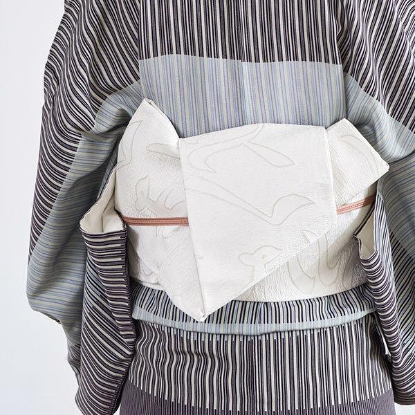 最終お値下げ　美品　白茶帯　袋帯　正絹帯　高級帯　ホワイト系帯　☆ 袋名古屋帯 美品 逸品 じゅらく 落款あり 月 縞 箔 灰白 正絹 中古