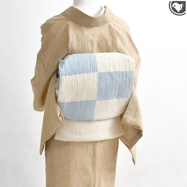 単衣/夏) 本麻 夏帯 本場小千谷縮 作家 樋口隆司 作 縞入り市松