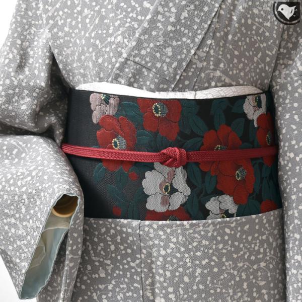 博多帯 “絲衣” (博多つばき) 本場筑前博多織 金印 八寸 名古屋帯 おびやオリジナル 正絹 日本製【帯専門店おびや】お仕立て付！送料無料！[商品番号：21705]