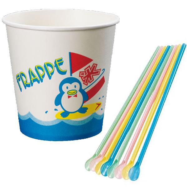 かき氷用紙製カップ・ストロースプーンセット(100セット)【商品番号】 No.146【大きさ】 カップφ9.3×H9.1cm、容量：400mlストロースプーン/口径0.7×20.9cm【素材】 カップ/紙製、ストロースプーン/PP【備考】 ...