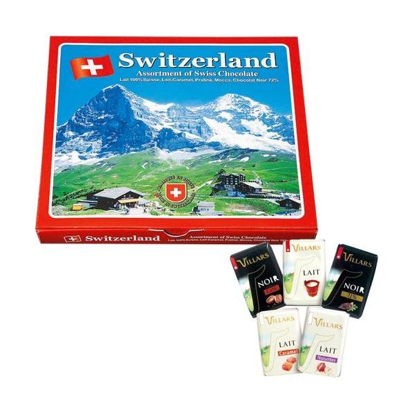 コーヒークリスプ、ミルク、カカオ72％、ミルクキャラメル、ヘーゼルナッツの5種類のアソート。パッケージにはアルプスの景観が描かれています。- 内容量：1箱：24枚入(120g)- サイズ：1箱サイズ：約20×21×2cm- 原産国：スイス産...