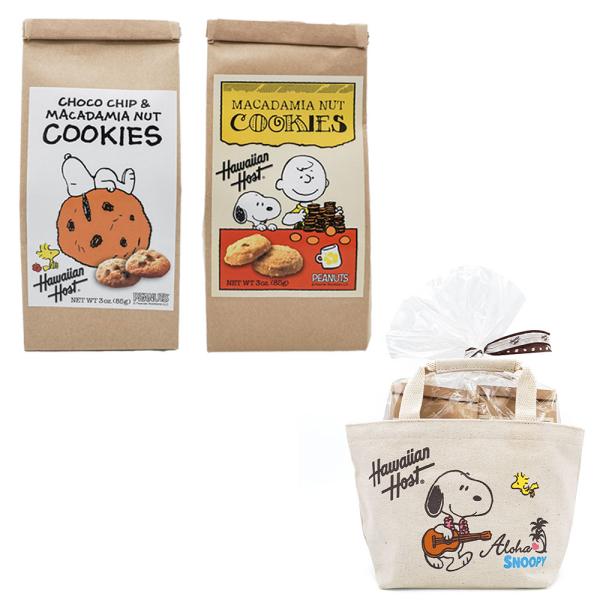 ウクレレを奏でるほのぼのとしたスヌーピーのトートバッグに、マカダミアナッツ入りのクッキーをセット。- 内容量：1.トートバッグ×1枚（約16×25×マチ11cm/中国製）※日本語表示があります。 2.スヌーピーチョコチップ＆マカダミアナッツ...