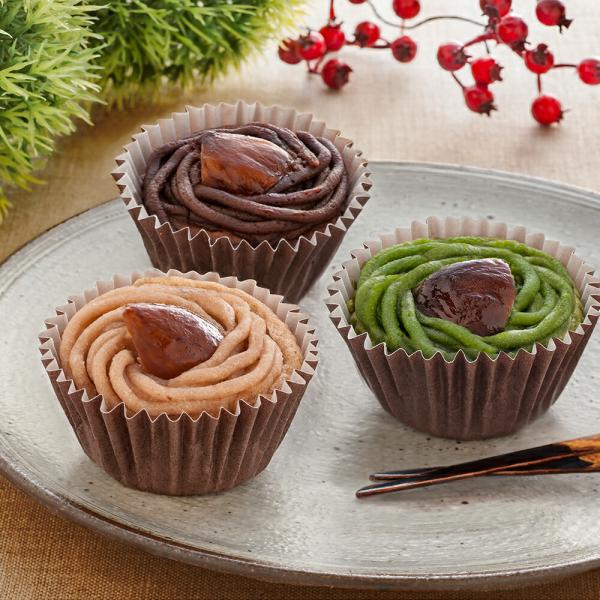 京都の和菓子店が監修した渋皮栗入りの焼きモンブラン。しっとりした食感の渋皮栗を使った栗・抹茶・チョコの3種を詰合せ。それぞれのクリームと香ばしく焼き上げた生地がマッチしたスイーツです。