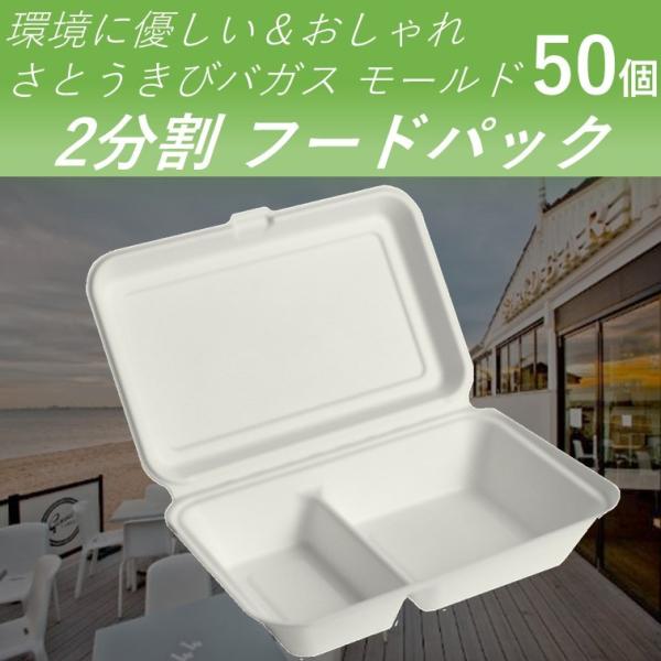 テイクアウト容器 フードパック バガスモールド ゆったり幅広 仕切り 2分割 50個 おしゃれ エコ 使い捨て