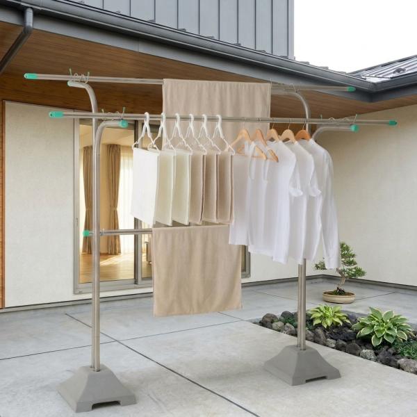 物干し台 屋外 風に強い 組み立て不要 オールステンレス 段違い 穴分離型 2穴 コンクリートベースセット CF-2KA