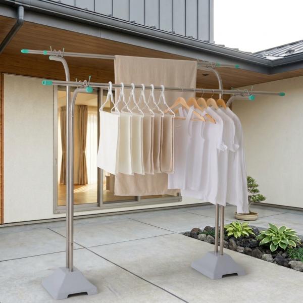 物干し台 屋外 風に強い 組み立て不要 オールステンレス 段違い 穴分離型 2穴 プラスチックカバーベースセット CF-2PP
