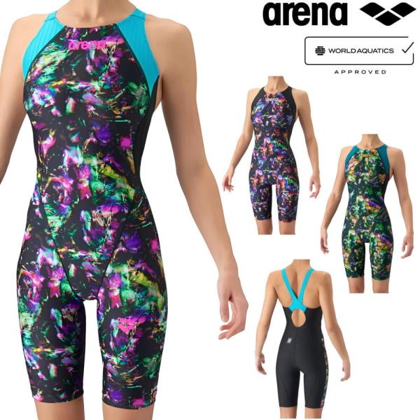 アリーナ ARENA 競泳水着 レディース WA承認 レーシングワンピーススパッツ オープンバック ハーフレッグ AQUA RACING ECO AQUA STRIPE 2026年秋冬 AS6FRC78L