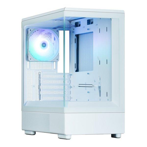 フロントとサイドに強化ガラスパネルを採用した、ピラーレスデザインのミニタワー型PCケース