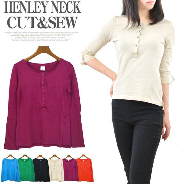 ヘンリーネック カットソー ｔシャツ レディース トップス 長袖 薄手 袖ロールアップ ボタン 胸ポケット 無地 Bs2 g253 ポンクロージング 通販 Yahoo ショッピング