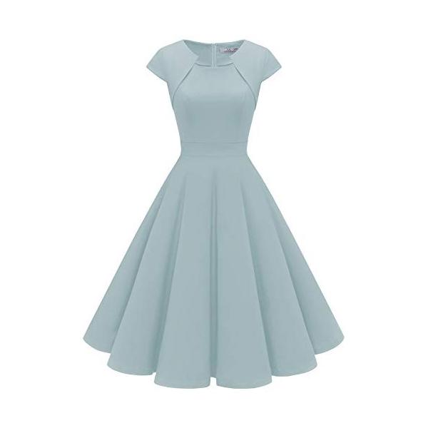 Homrain 50年代 ワンピース ドレス 大人気 おおきいサイズ Aライン カップ袖 パーティードレス 結婚式 7分袖