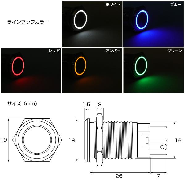 �v�b�V���X�C�b�` 18mm ���[�����^���� LED�����O�t�� 5�F �|�`�K�[ �E�`�K�[ �z���J�v���[�t DC12V �h�H �X�e�����X�� I-318 ���i�摜4