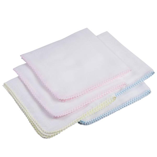 【ご購入後の当店からの連絡はご登録のメールアドレスに通知いたします。必ずご確認ください】【商品概要】赤ちゃんの肌を考えて柔らかいガーゼを作りました。チドリ部分がピンク・クリーム・ブルーの為、使い分けができとても便利な商品です。29cm×29...