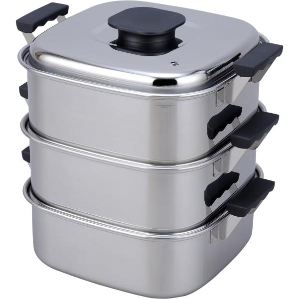 【ご購入後の当店からの連絡はご登録のメールアドレスに通知いたします。必ずご確認ください】【商品概要】サイズ(約):中子有効内寸/27×27×10cm、1段当たり容量/1.2升素材・材質:18-8ステンレス生産国:日本 (燕三条)対応熱源:ガ...