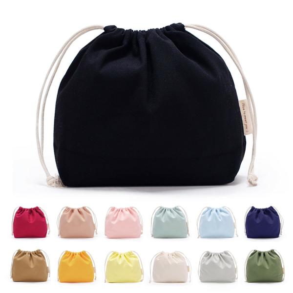 巾着袋 小 大 無地 巾着 おしゃれ かわいい 【21色展開・黒】 帆布 きんちゃく袋 大きい こども インナーバッグ 巾着ポーチ 巾着 (黒,M)