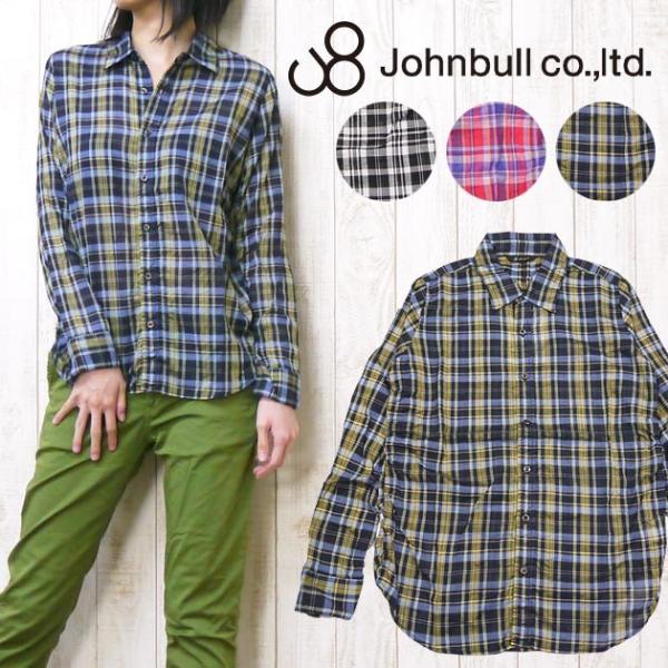 ジョンブル JOHNBULL レディース シャツ 長袖 シワ加工 シャーリング チェック ボイル as846 Johnbull（ジョンブル） レディース シャツ 長袖 シワ加工