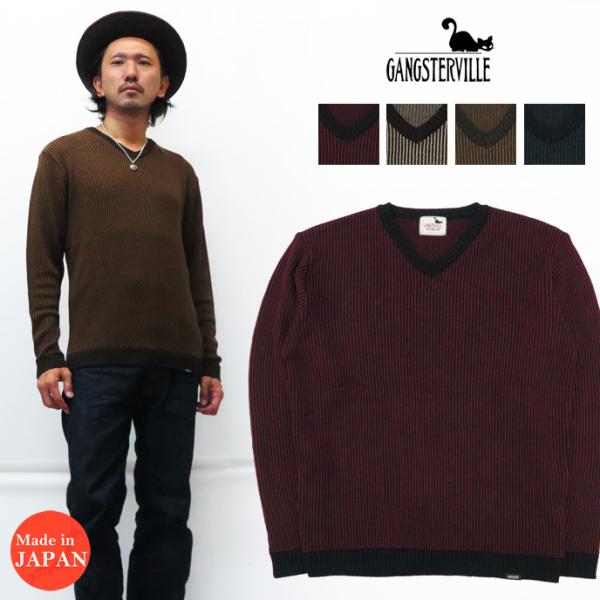 GANGSTERVILLE ギャングスタービル 長袖 Vネック セーター ストライプ柄 ウール/アクリル  GLAD HAND GSV-20-AW-15 earthmarket1_gsv-20-aw-15